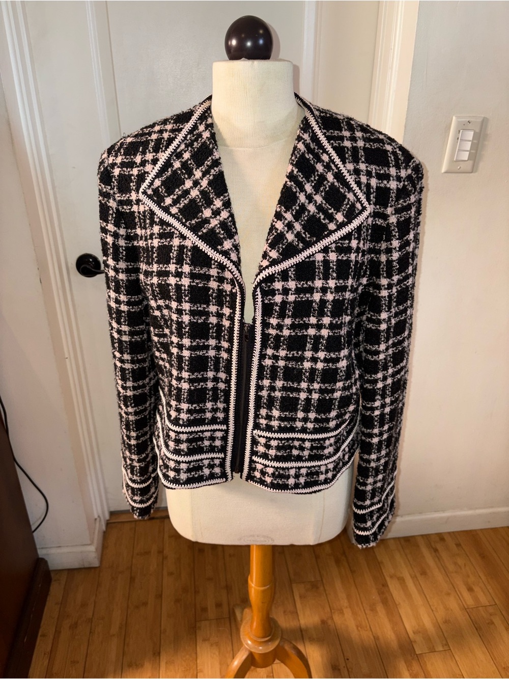 JONES NEW YORK Classic Black & Pink Tweed Zip-Front Women's Jacket SIZE 14